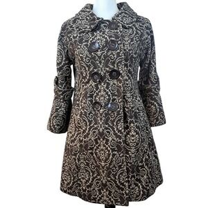 Anthropologie LUII S/M Brown Damask Swing Coat Tapestry Wool Blend 3/4 Sleeve